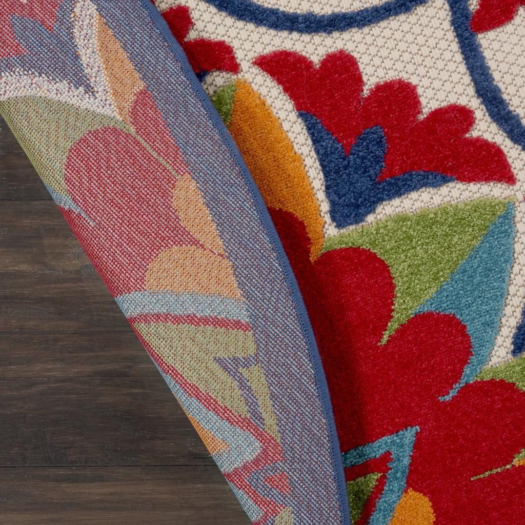 8′ Red and Ivory Floral Indoor Outdoor Round Rug