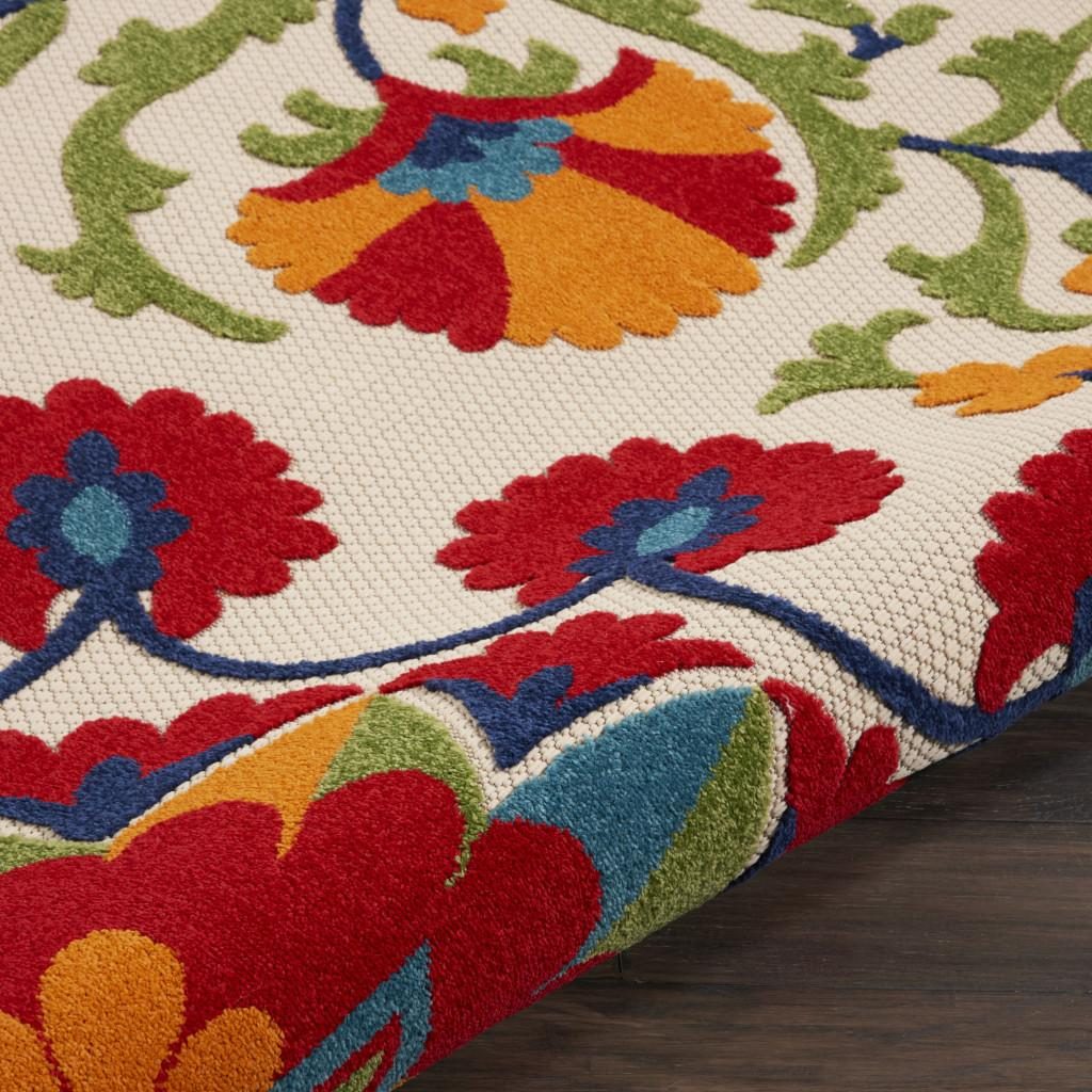 8′ Red and Ivory Floral Indoor Outdoor Round Rug