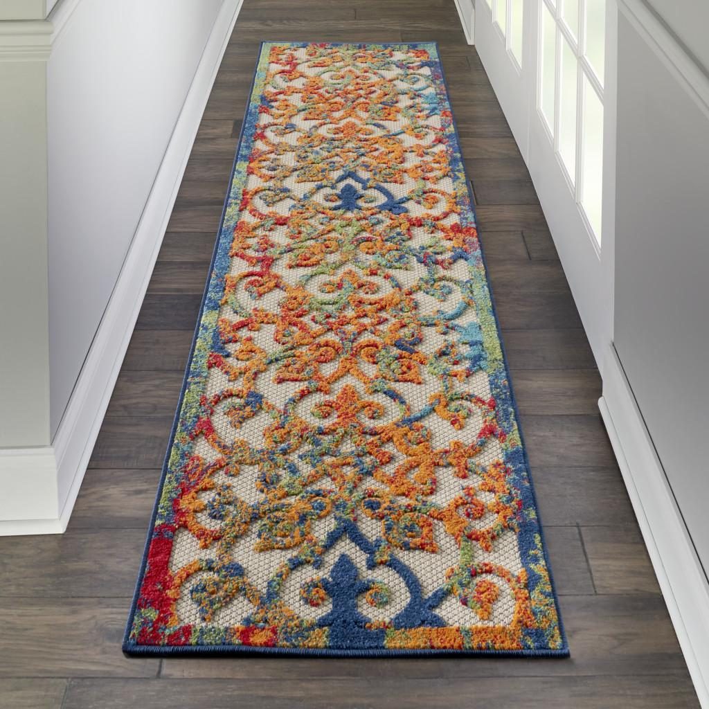 12′ Ivory And Blue Indoor Outdoor Runner Rug