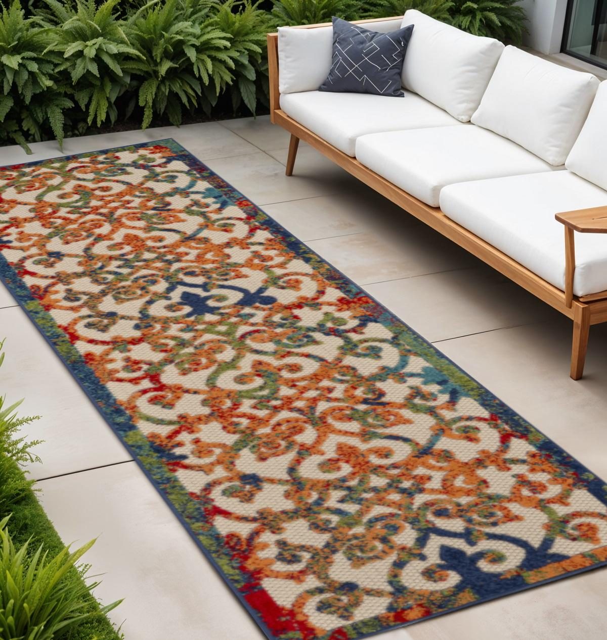 12′ Ivory And Blue Indoor Outdoor Runner Rug