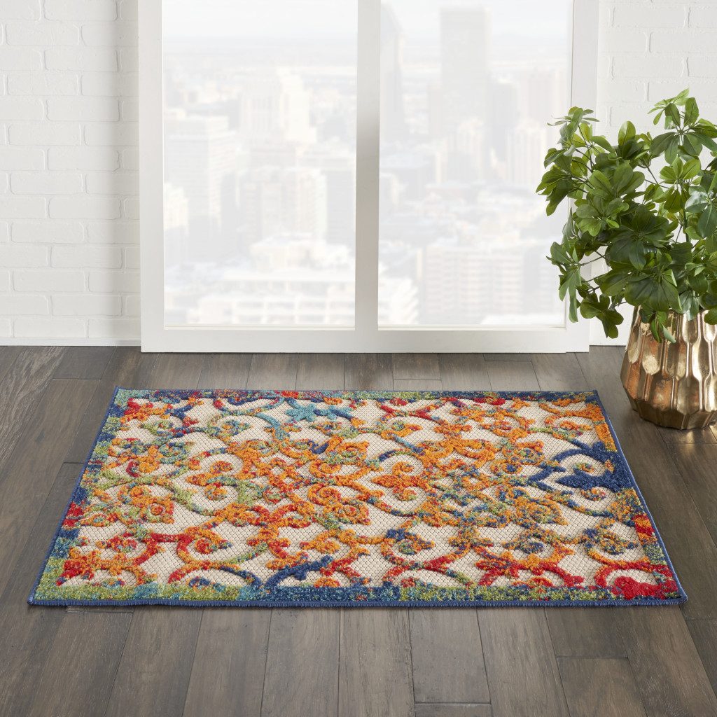 3′ X 4′ Ivory And Blue Indoor Outdoor Area Rug
