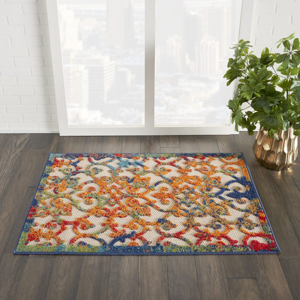3′ X 4′ Ivory And Blue Indoor Outdoor Area Rug