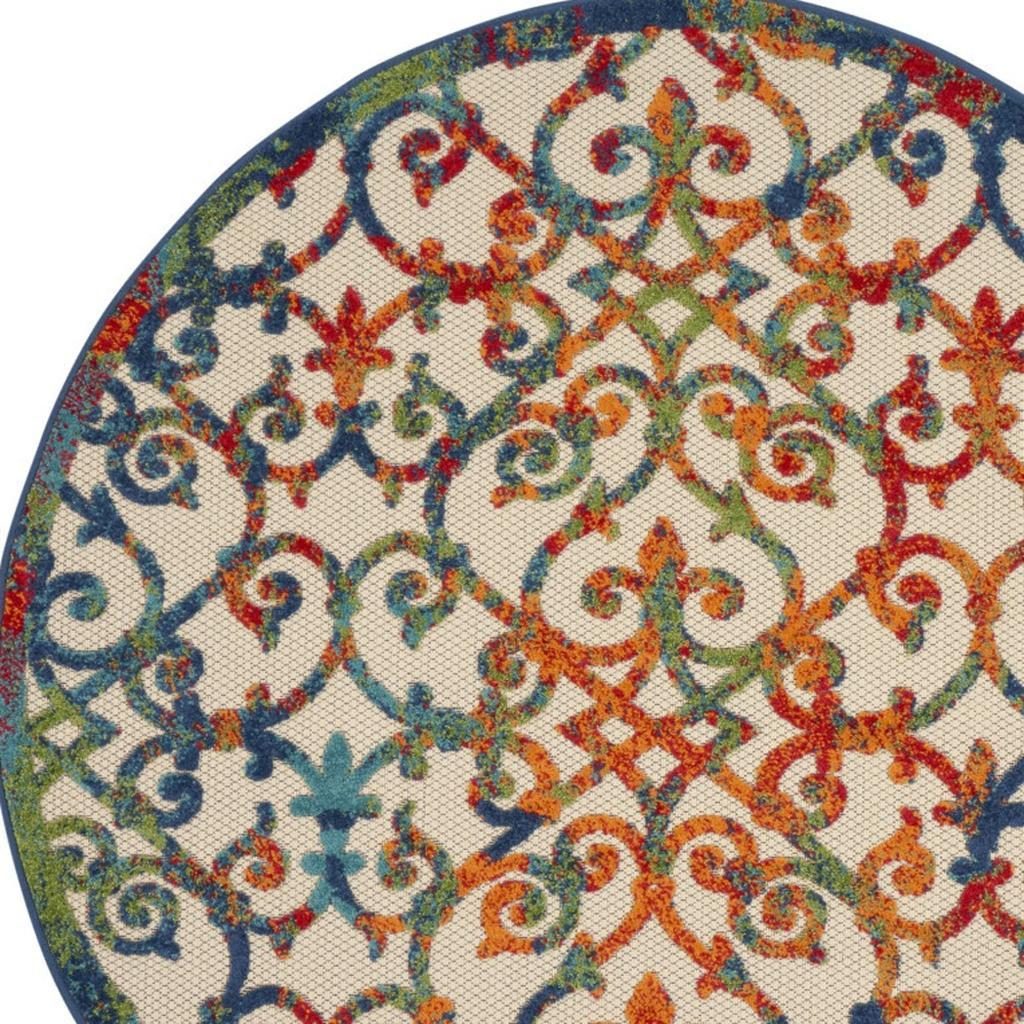 4′ Ivory And Blue Round Indoor Outdoor Area Rug