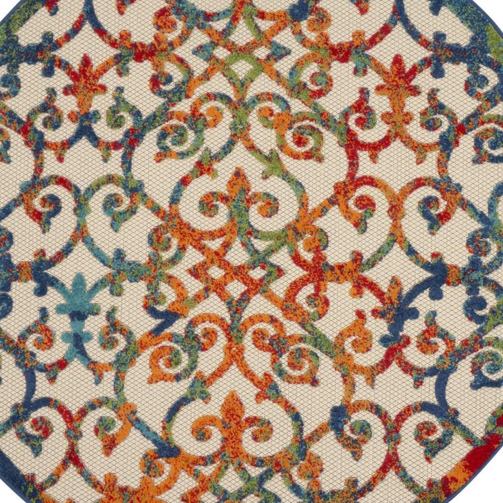 4′ Ivory And Blue Round Indoor Outdoor Area Rug