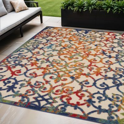 5′ X 8′ Ivory And Blue Indoor Outdoor Area Rug