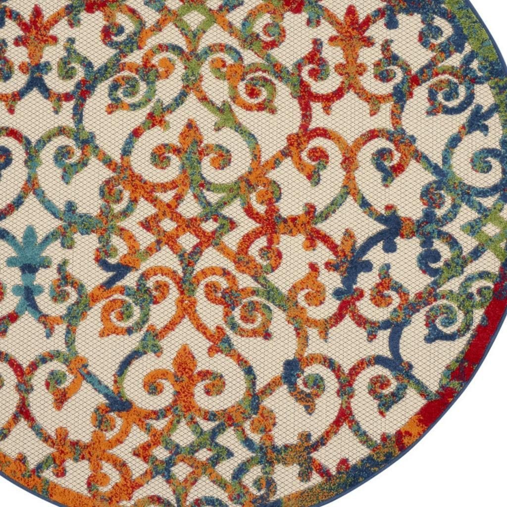 5′ Ivory and Blue Round Indoor Outdoor Area Rug