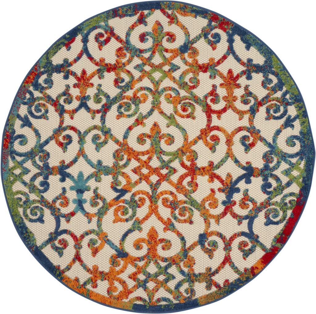 5′ Ivory and Blue Round Indoor Outdoor Area Rug