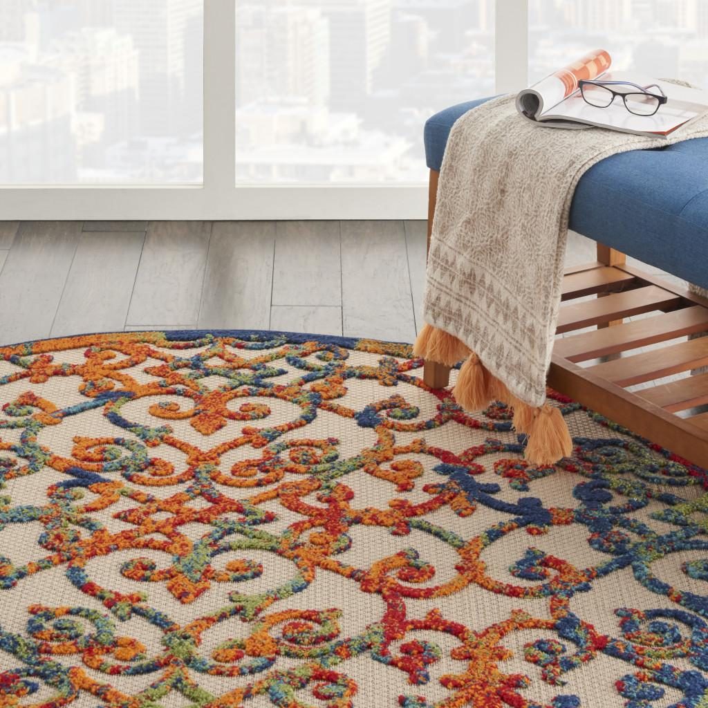 5′ Ivory and Blue Round Indoor Outdoor Area Rug
