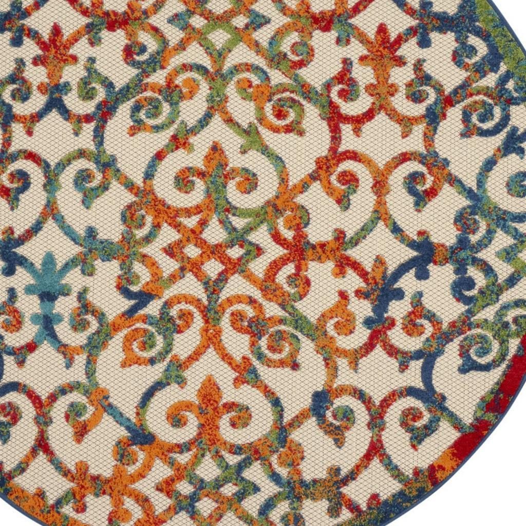 5′ Ivory and Blue Round Indoor Outdoor Area Rug