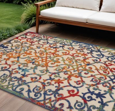 8′ X 11′ Ivory And Blue Indoor Outdoor Area Rug