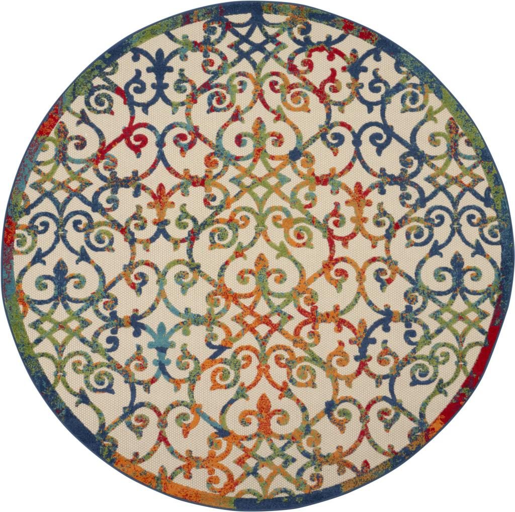 8′ Ivory and Blue Round Indoor Outdoor Area Rug