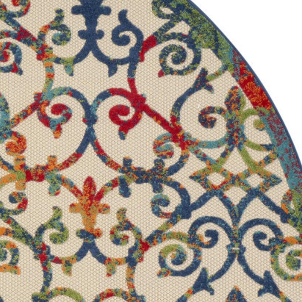 8′ Ivory and Blue Round Indoor Outdoor Area Rug
