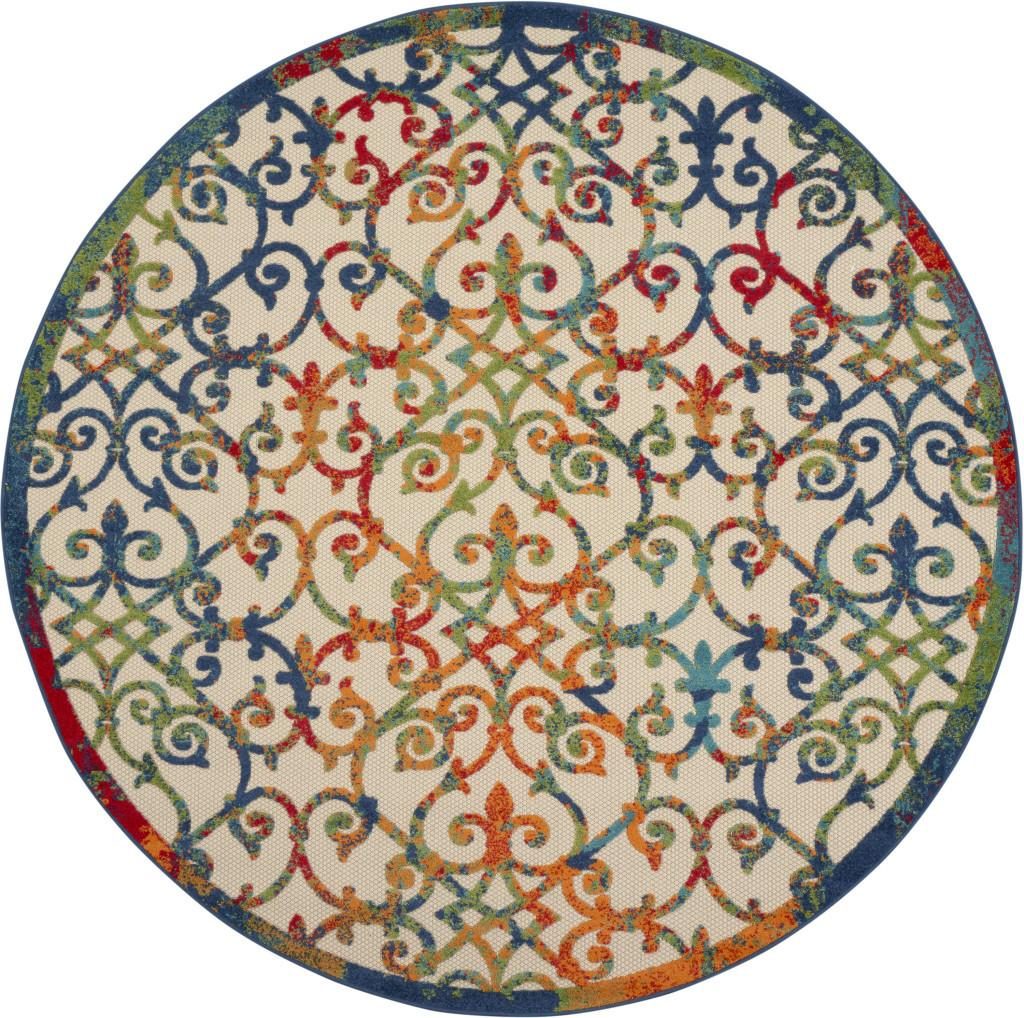 8′ Ivory and Blue Round Indoor Outdoor Area Rug