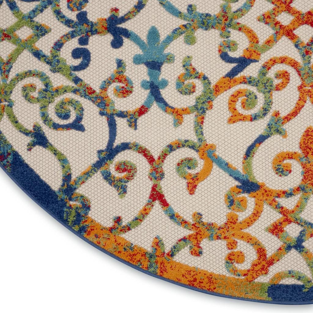 8′ Ivory and Blue Round Indoor Outdoor Area Rug