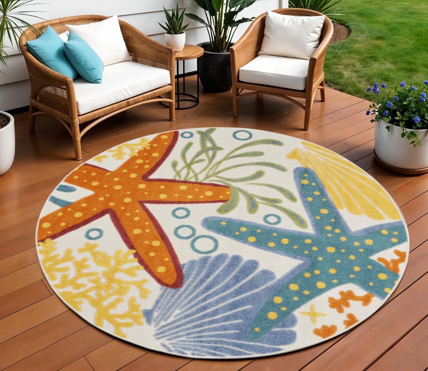 8′ Yellow and Ivory Round Indoor Outdoor Area Rug