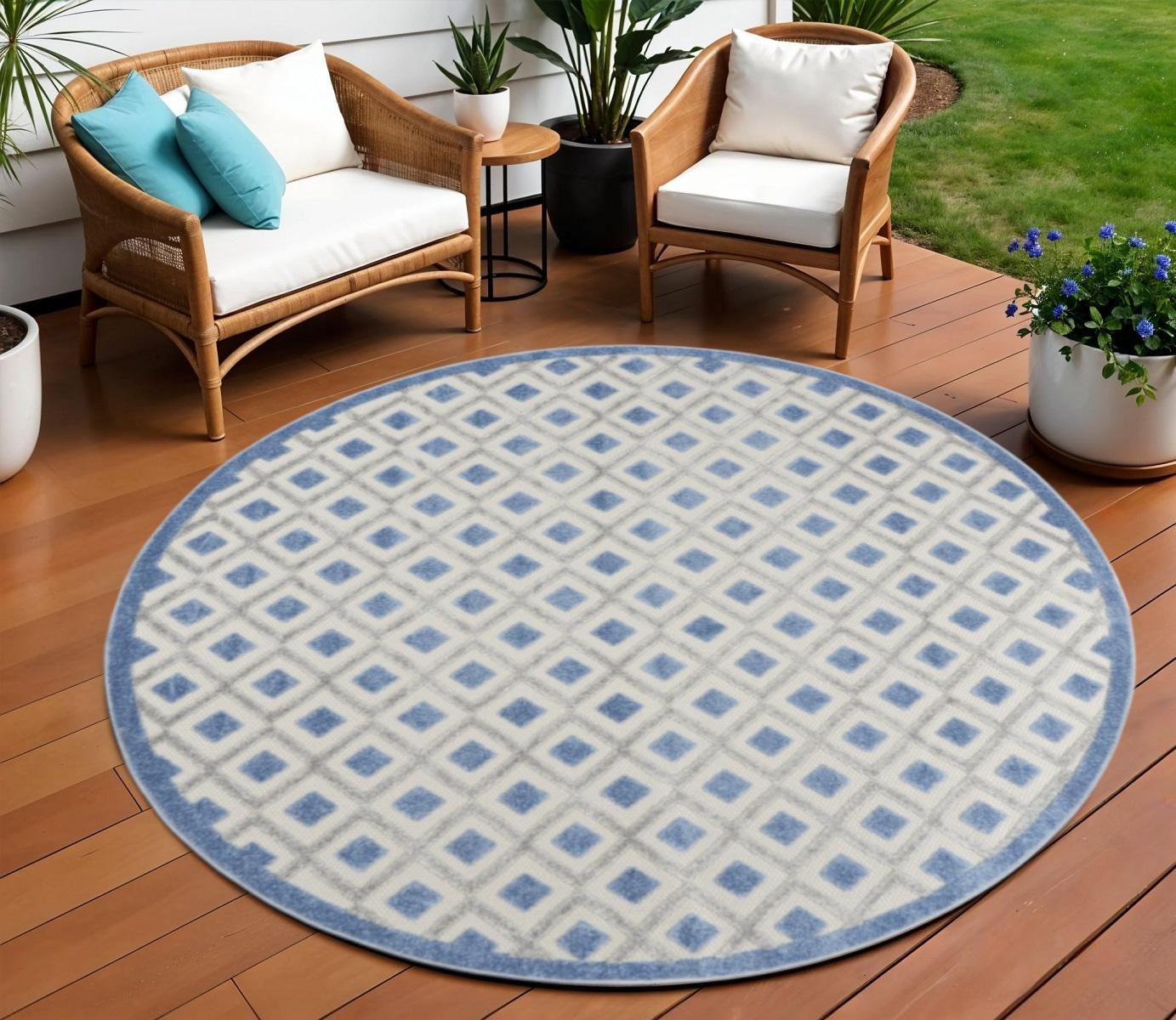 8′ Round Blue and Gray Indoor Outdoor Area Rug