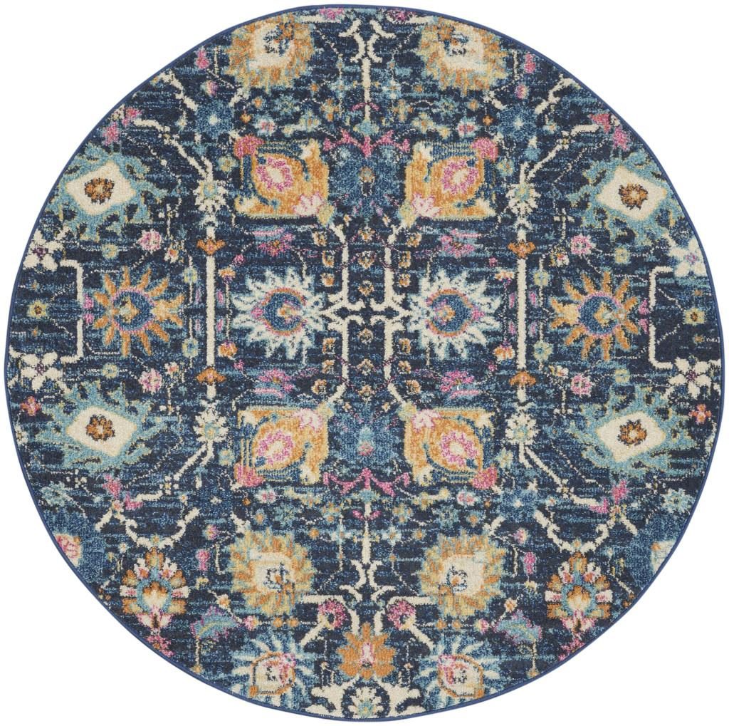 Navy Blue Yellow And Pink Floral Polypropylene Area Rug