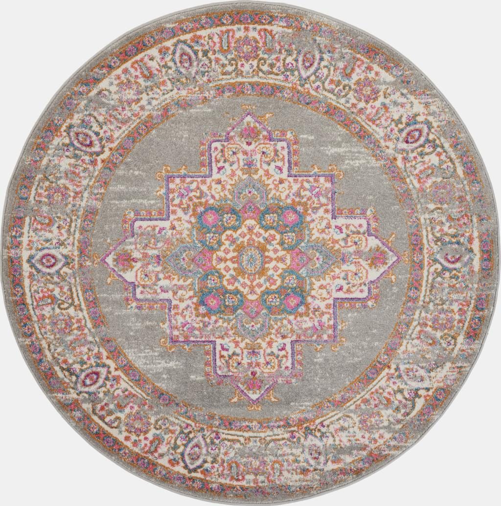 4′ Gray And Gold Medallion Distressed Round Rug