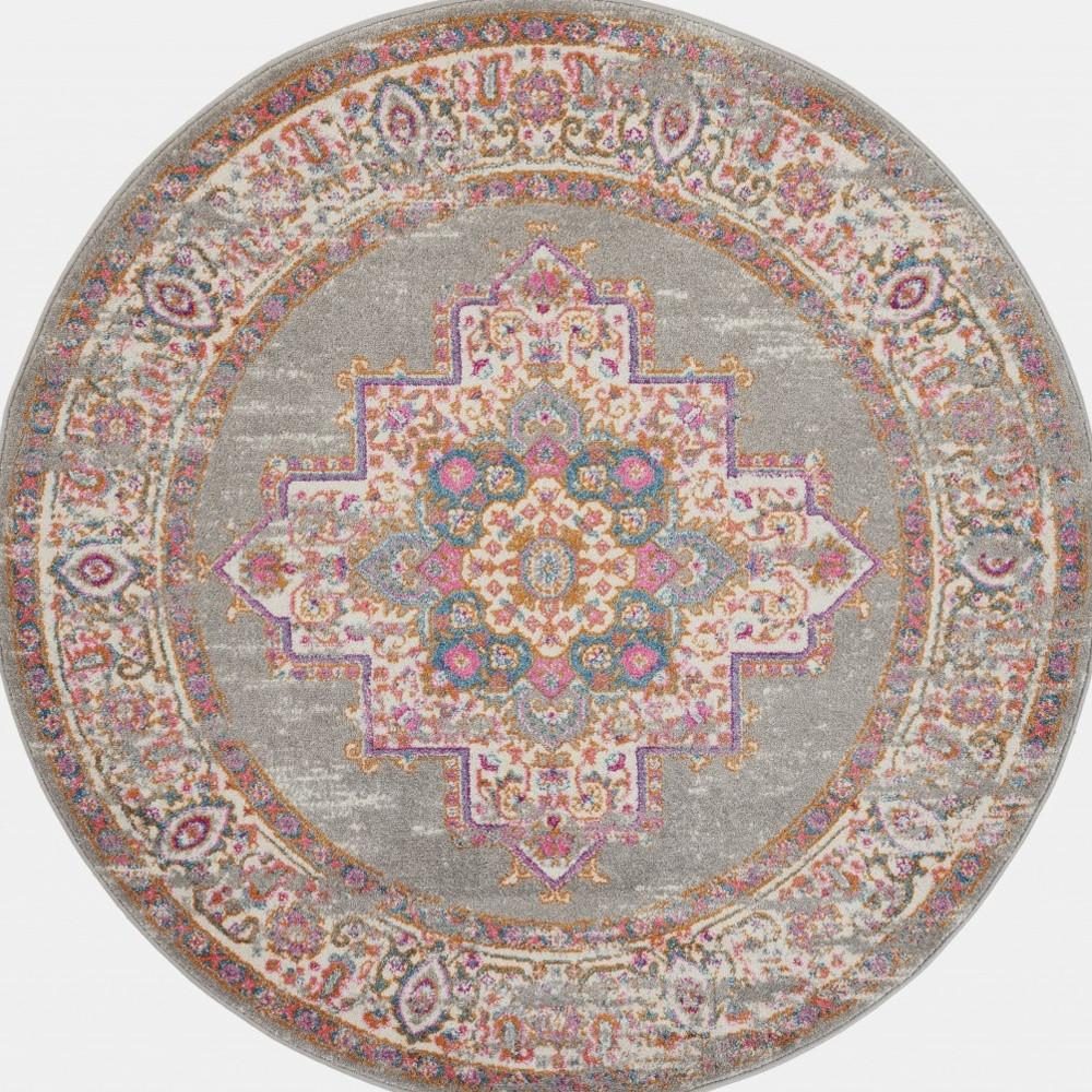 4′ Gray And Gold Medallion Distressed Round Rug