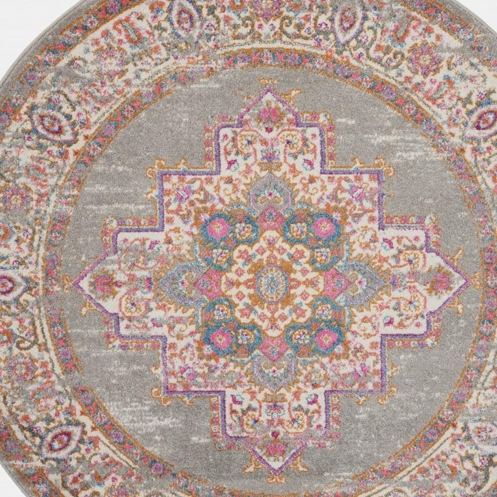 4′ Gray And Gold Medallion Distressed Round Rug