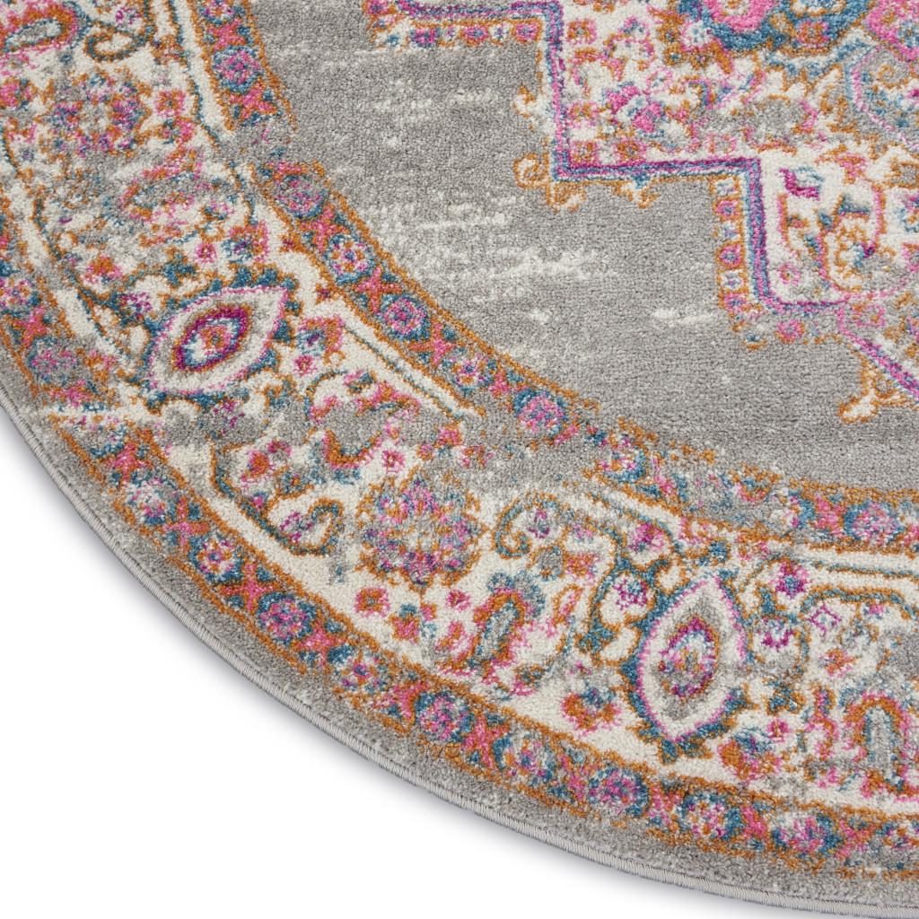 4′ Gray And Gold Medallion Distressed Round Rug