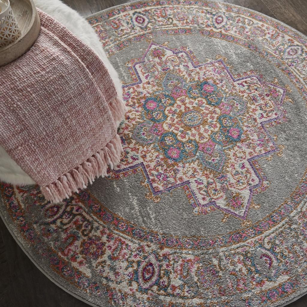 4′ Gray And Gold Medallion Distressed Round Rug