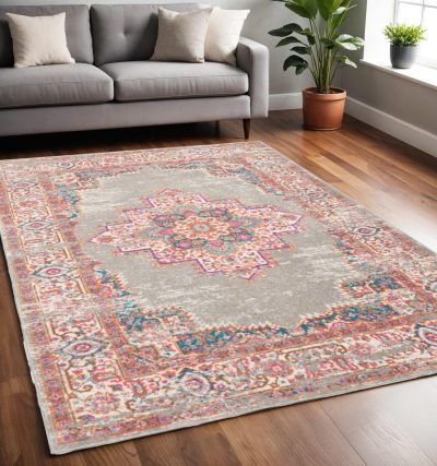 5′ X 7′ Gray And Gold Medallion Distressed Area Rug