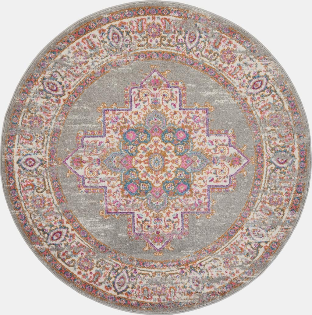 5′ Gray and Gold Medallion Distressed Round Rug