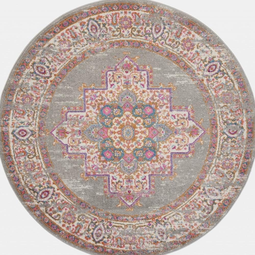 5′ Gray and Gold Medallion Distressed Round Rug