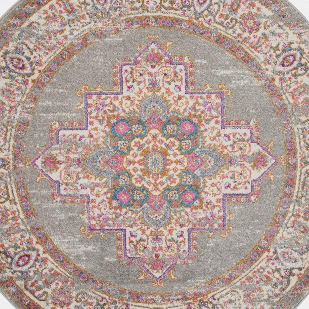 5′ Gray and Gold Medallion Distressed Round Rug
