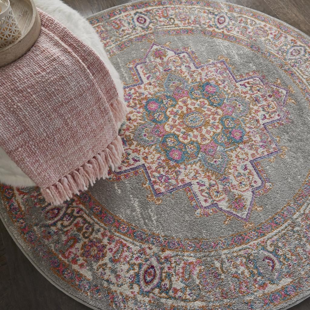 5′ Gray and Gold Medallion Distressed Round Rug