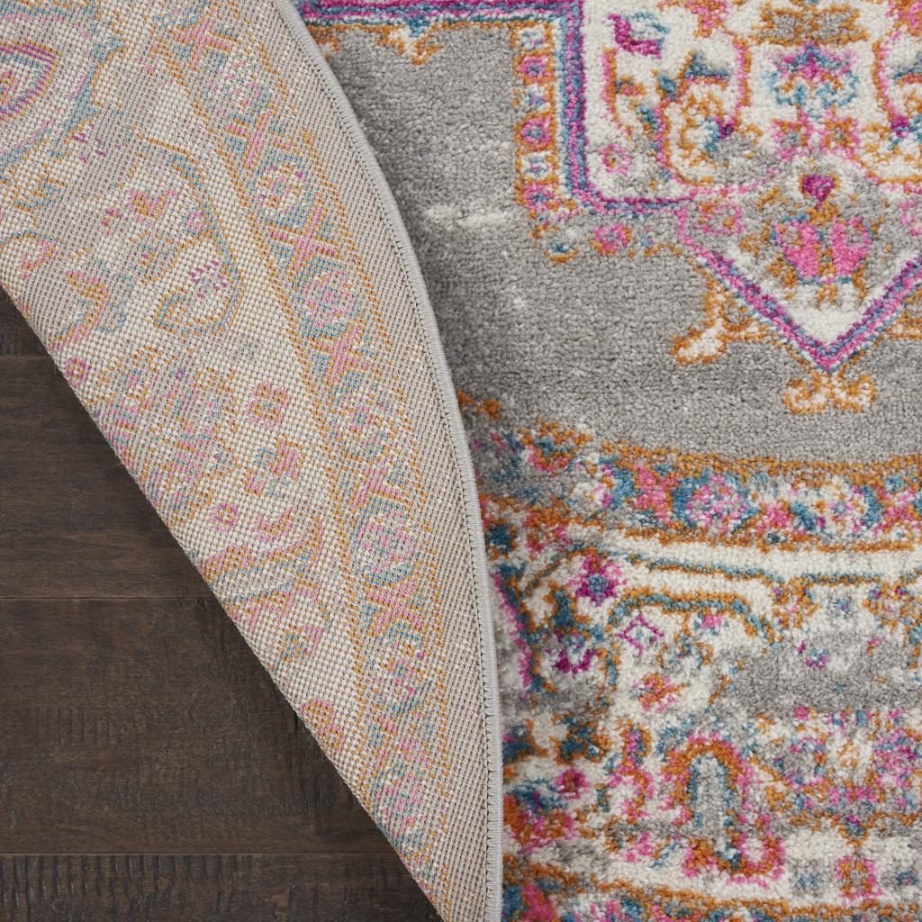 5′ Gray and Gold Medallion Distressed Round Rug