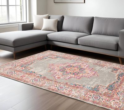 7′ X 10′ Gray And Gold Medallion Distressed Area Rug