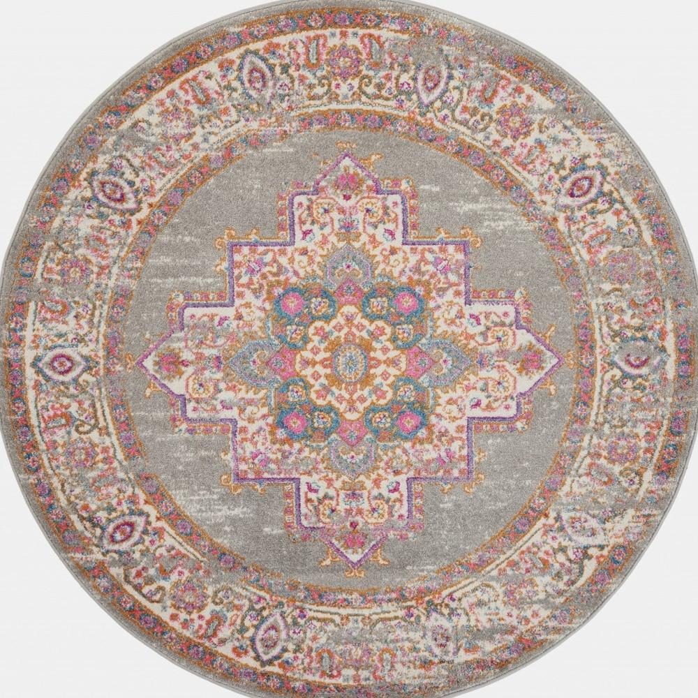 8′ Gray and Gold Distressed Medallion Round Rug