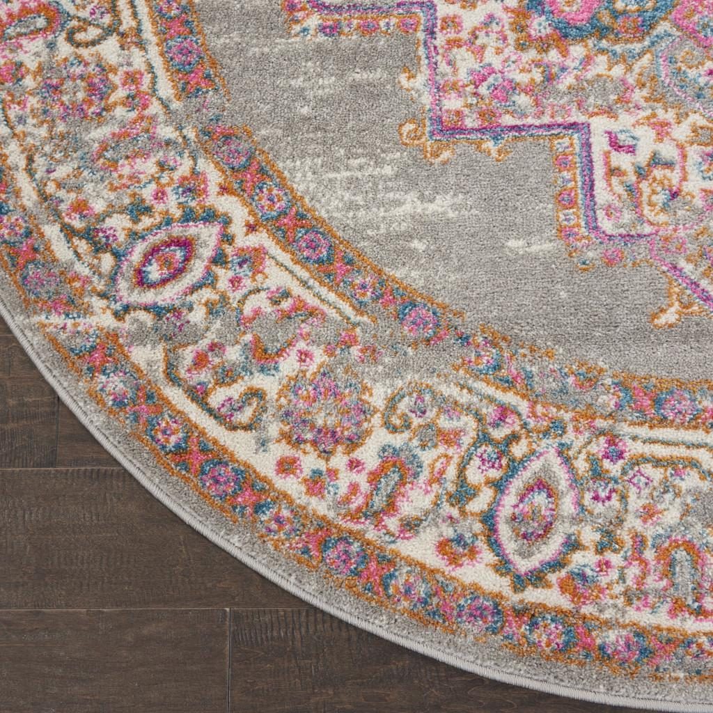 8′ Gray and Gold Distressed Medallion Round Rug