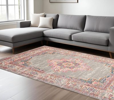 8′ X 10′ Gray And Gold Medallion Distressed Area Rug