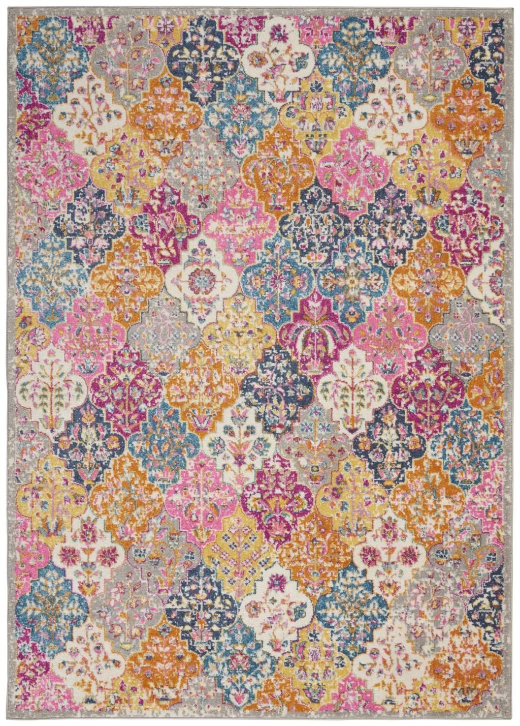 Polypropylene Gray Blue and Orange Quatrefoil Distressed Area Rug