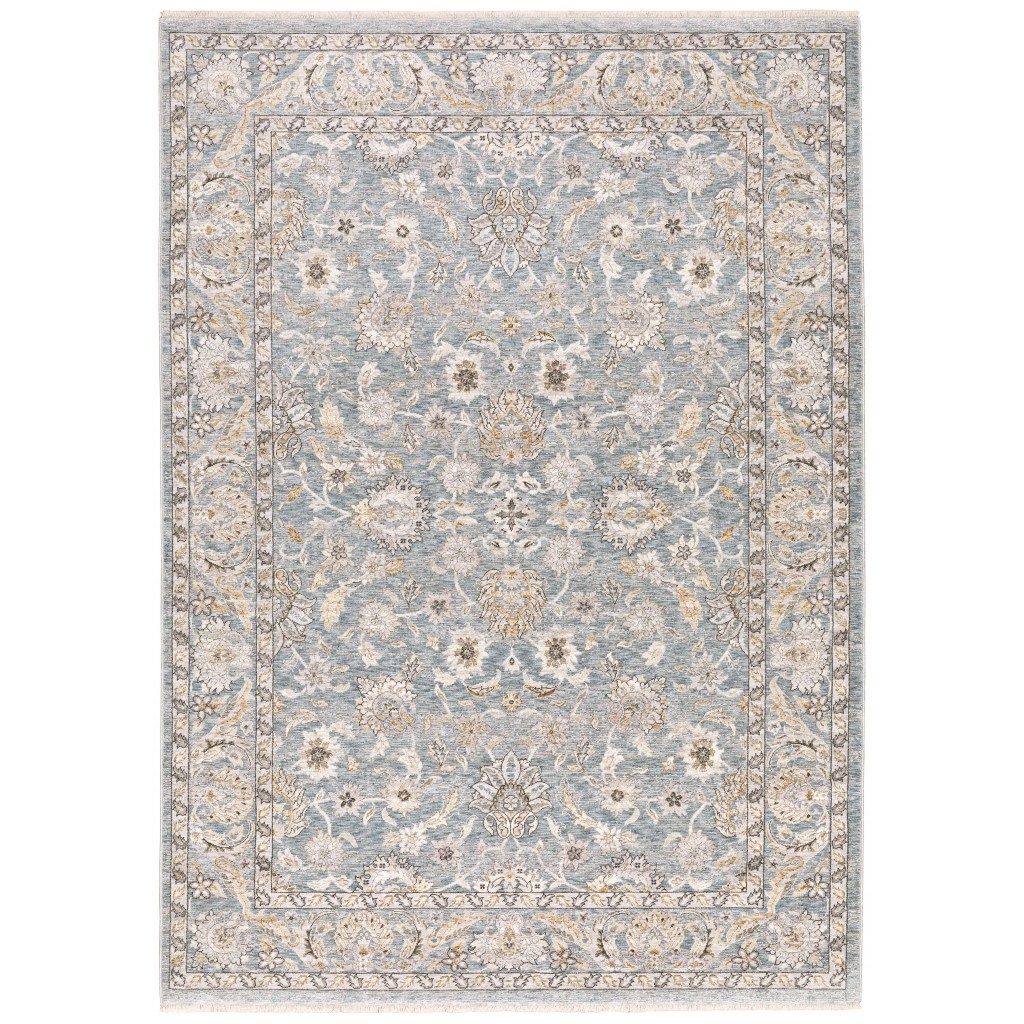 10′ X 13′ Blue and Ivory Distressed Oriental Area Rug