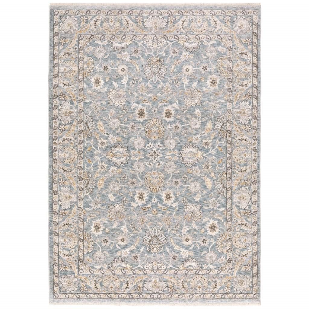 10′ X 13′ Blue and Ivory Distressed Oriental Area Rug