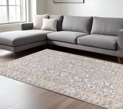 10′ X 13′ Blue and Ivory Distressed Oriental Area Rug