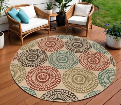 8′ X 8′ Beige Indoor Outdoor Round Rug II