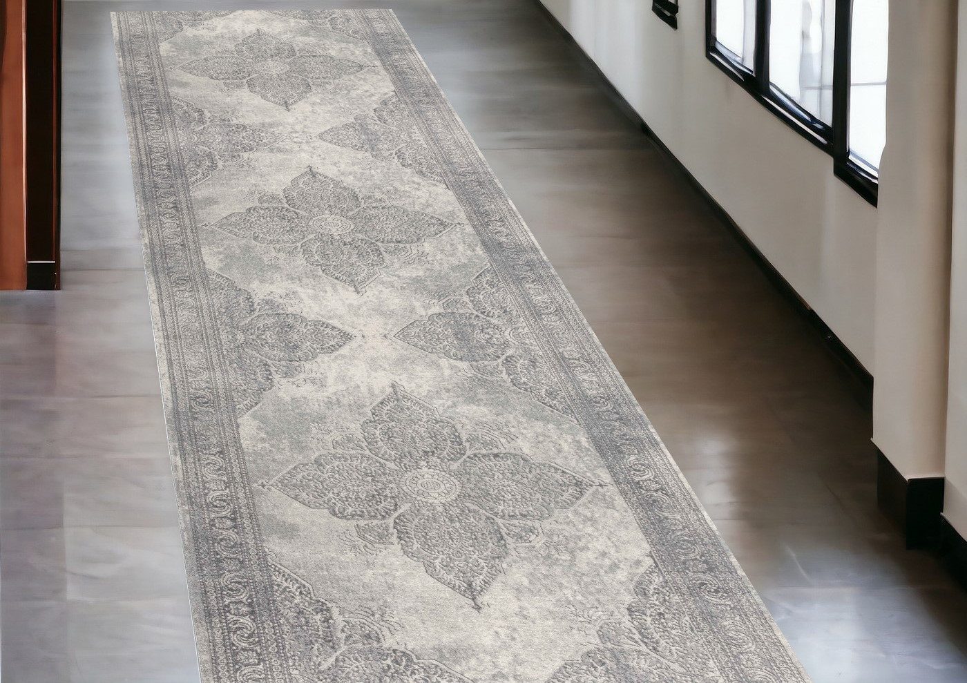 2′ X 10′ Gray Distressed Medallion Runner Rug