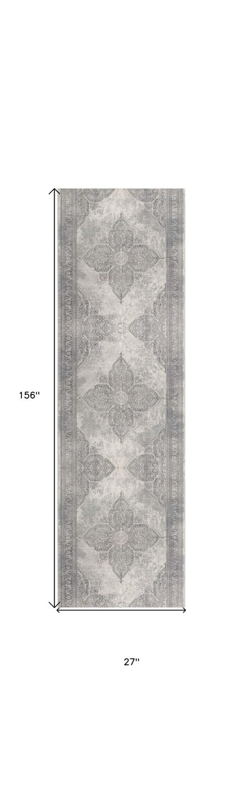 2′ X 13′ Gray Distressed Medallion Runner Rug