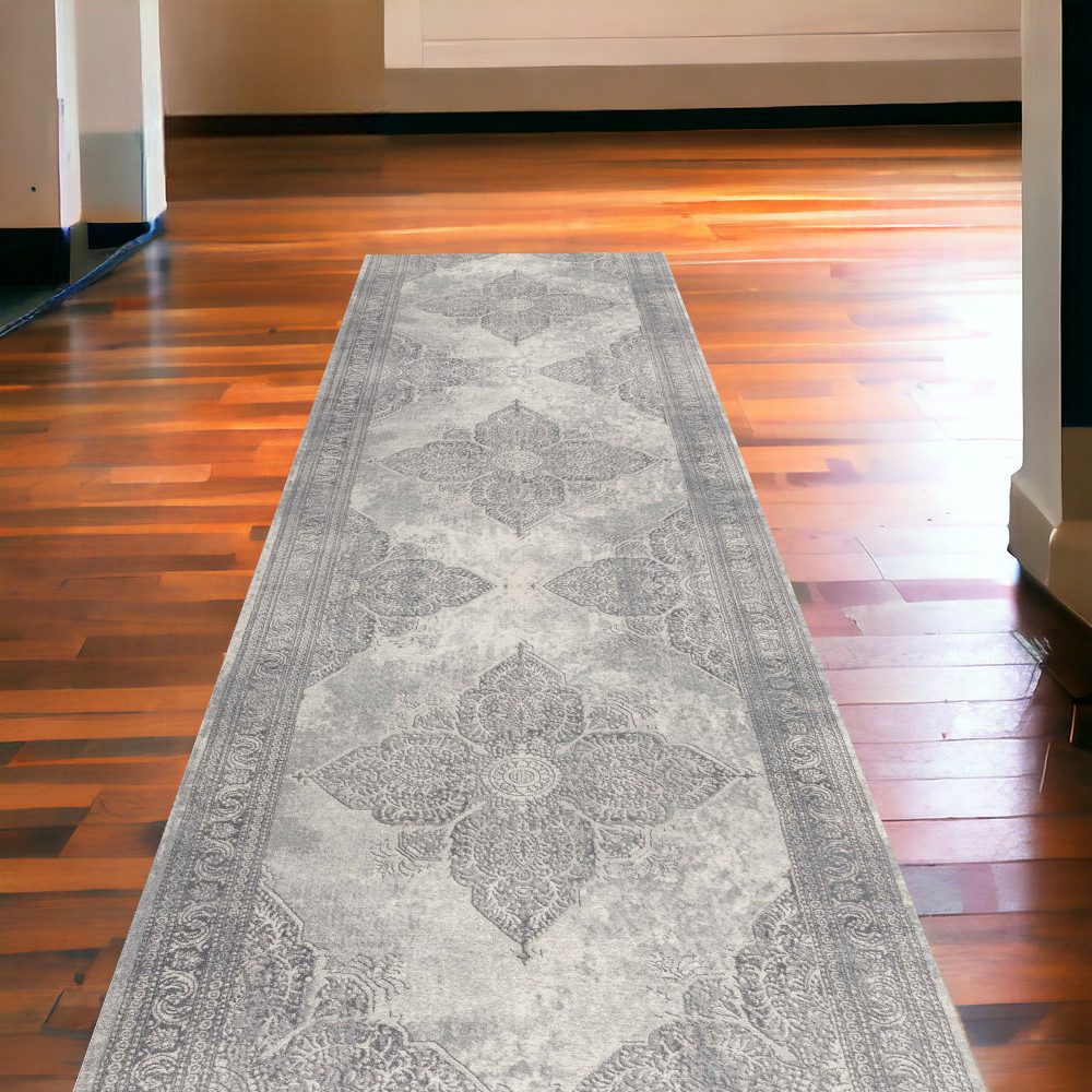 2′ X 13′ Gray Distressed Medallion Runner Rug