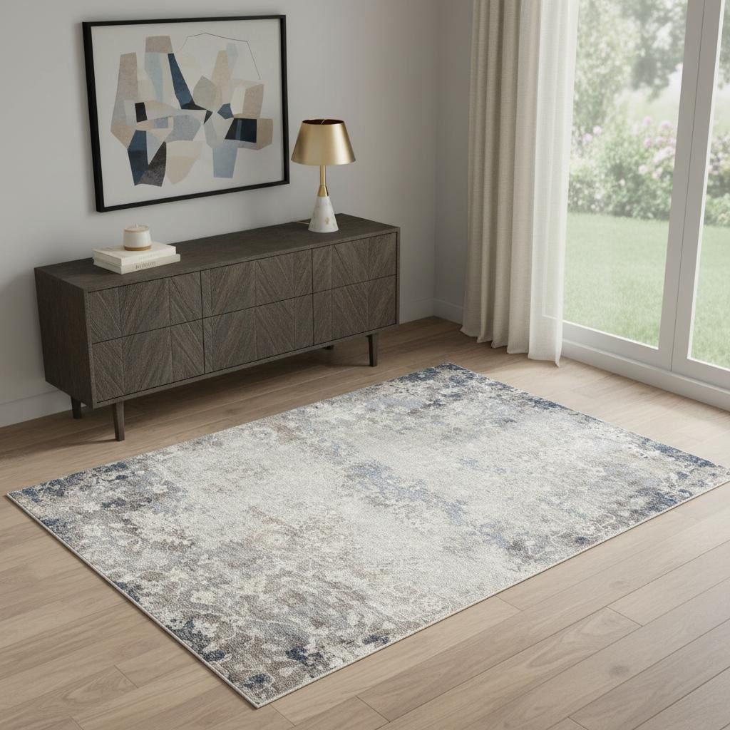 4′ X 6′ Navy and Beige Distressed Vines Area Rug
