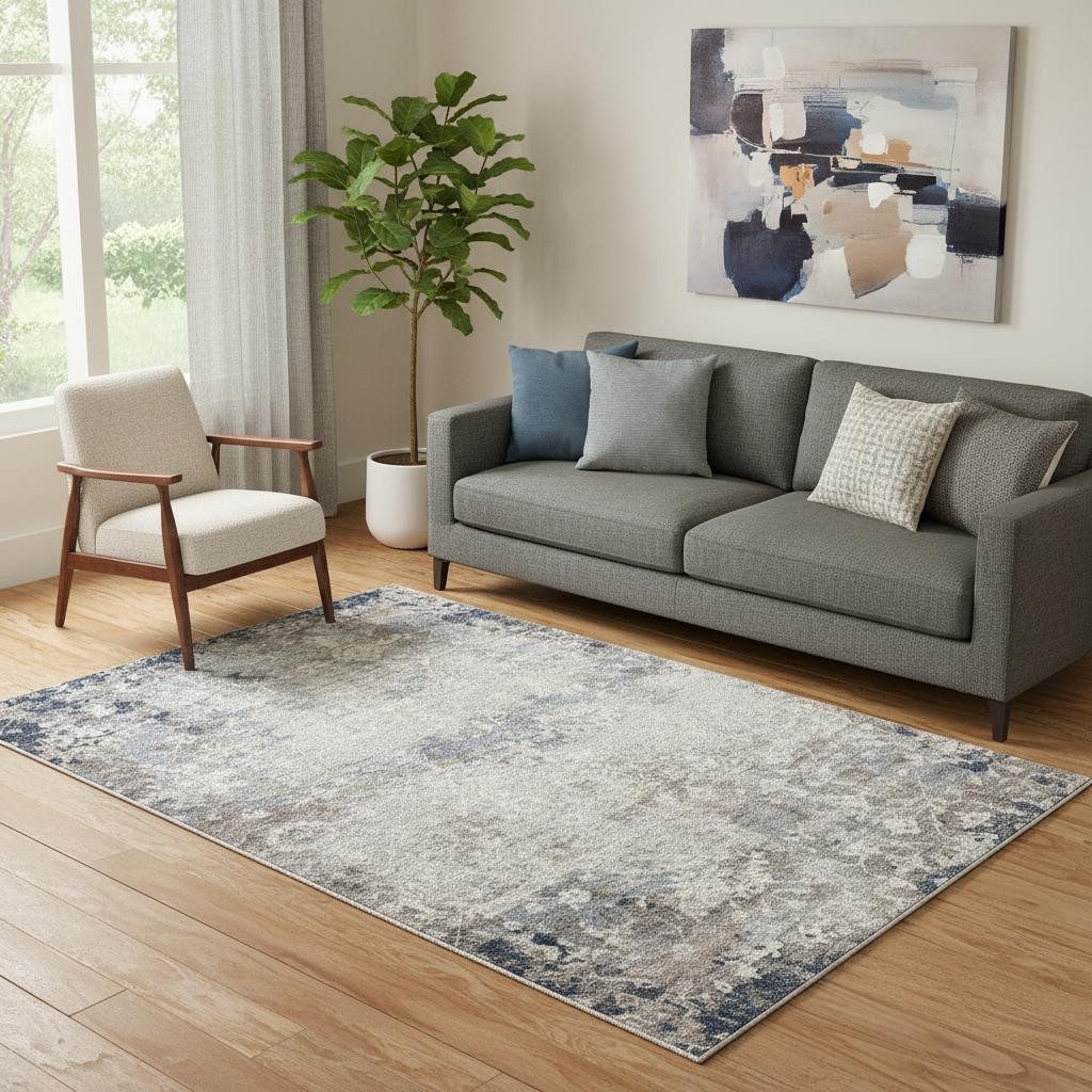 5′ X 8′ Navy And Beige Distressed Vines Area Rug