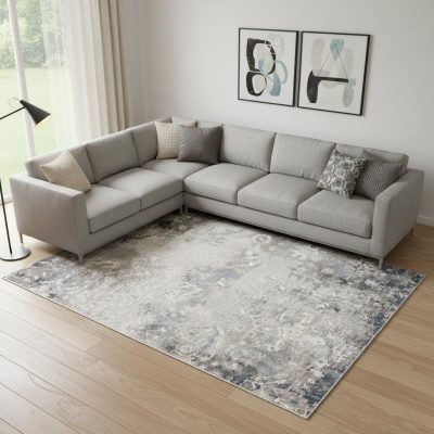 8′ X 11′ Navy And Beige Distressed Vines Area Rug