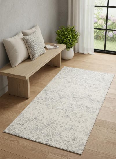 2′ X 5′ Ivory and Gray Ikat Distressed Area Rug