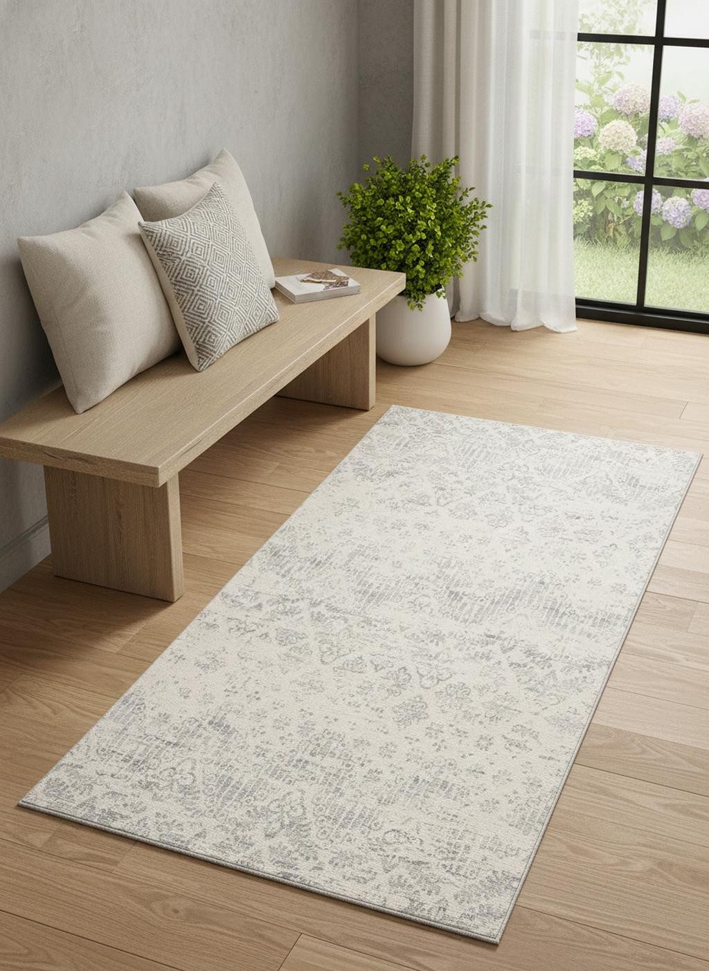 2′ X 5′ Ivory and Gray Ikat Distressed Area Rug
