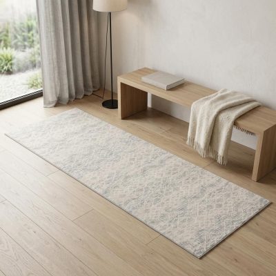 2′ X 6′ Ivory Distressed Ikat Pattern Area Rug